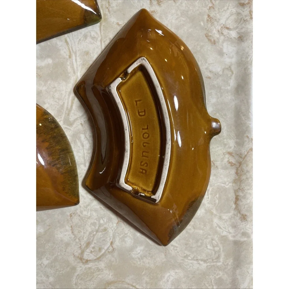 Vintage MCM ceramic lazy susan relish dish set leaf‎ or acorn green brown glaze